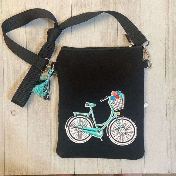 Black Crossbody Purse with Turquoise Bicycle Basket of Flowers with Zip Pockets - Picture 1 of 8